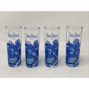 Set of 4 Three Olives Vodka Shooter Shot Glasses Blue Geometric MCM Style